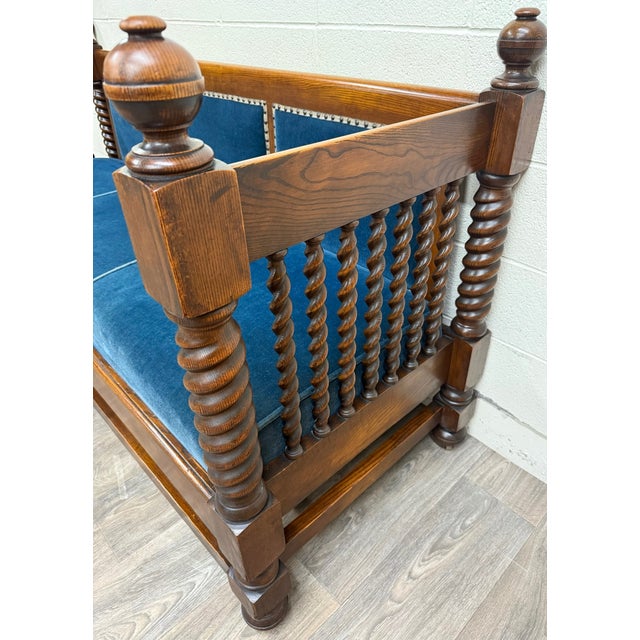 Wood Antique Jacobean Revival Blue Velvet Upholstered Oak Hall Settee Daybed Bench For Sale - Image 7 of 18