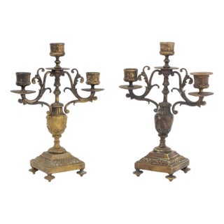 French Brass Three-Branch Candelabra, Pair For Sale