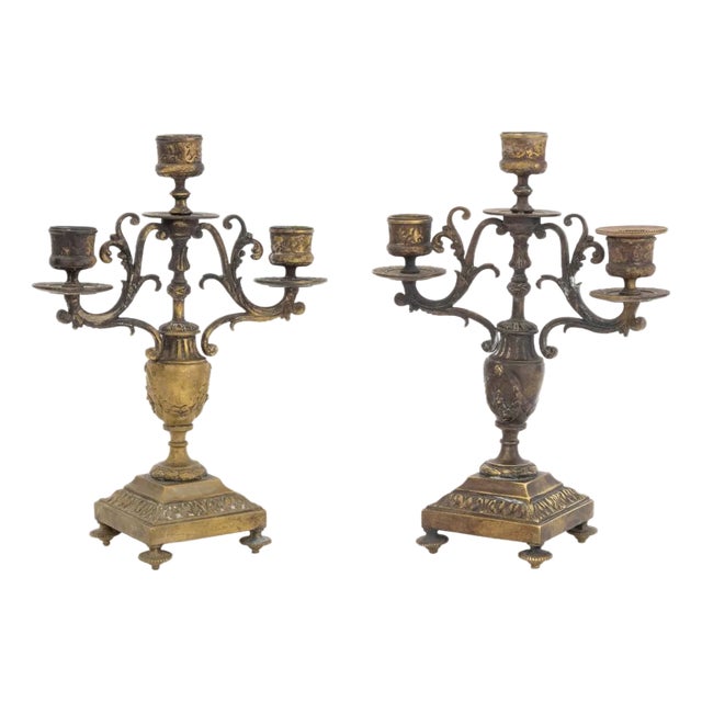French Brass Three-Branch Candelabra, Pair For Sale