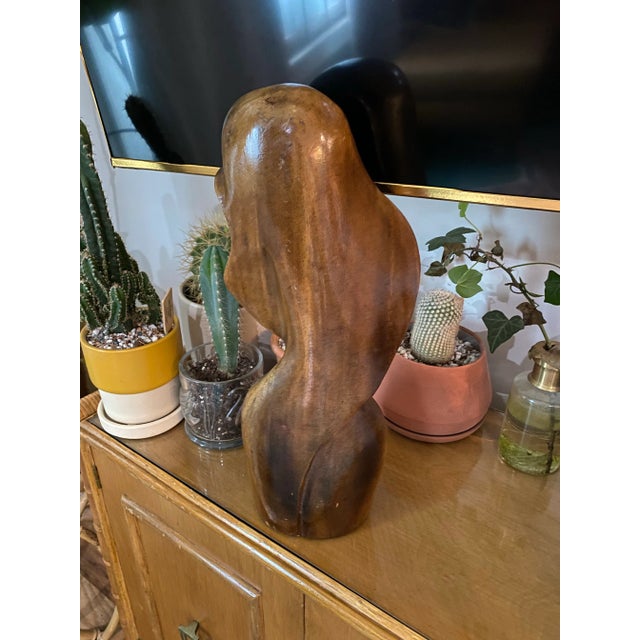 Mid-Century Modern Mid Century Carved Wood Bust Statue Sculpture of a Lady For Sale - Image 3 of 4