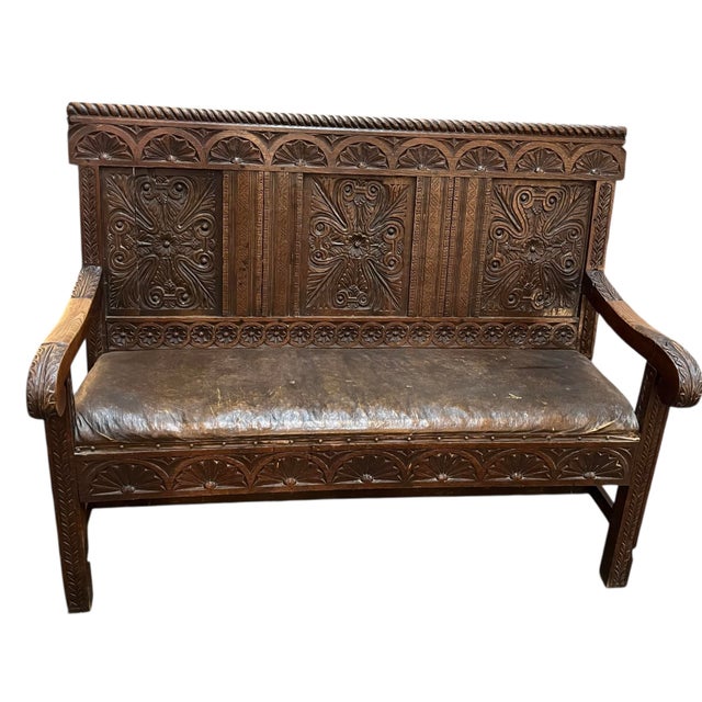 Mid 18th Century Antique English 18th C. King Charles II Oak Settle For Sale - Image 5 of 7