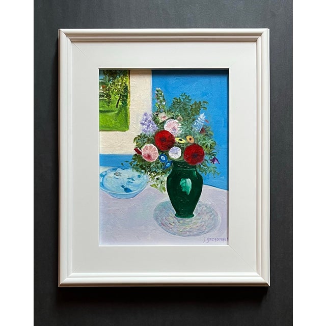 Realism Still Life Oil Painting, Flowers in a Green Vase by Satori Gregorakis For Sale - Image 3 of 3
