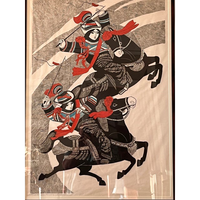 1980s 1985 Niu Wen Signed Chinese Woodblock Print "Horse Racers" Limited Edition 4/50 Framed For Sale - Image 5 of 11