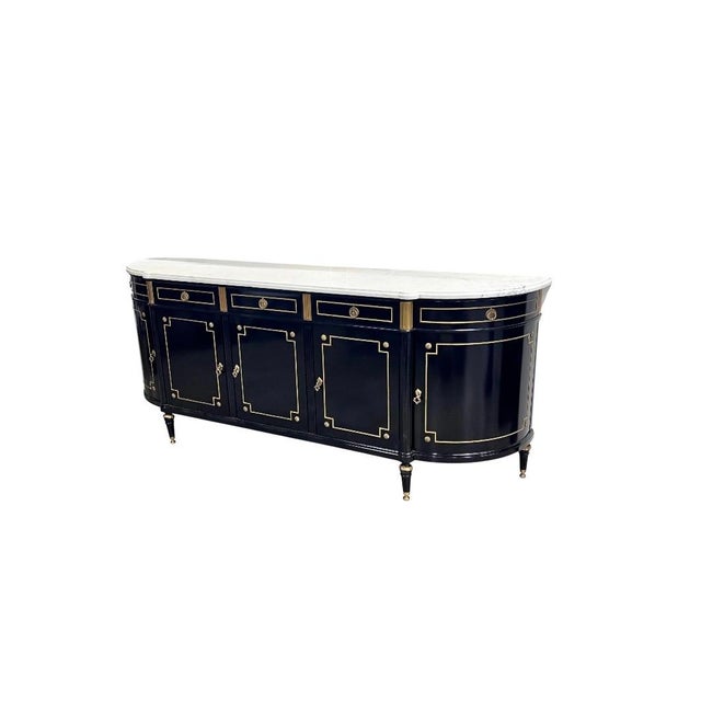 Exceptional Louis XVI Style Enfilade/Sideboard. Sideboard features a demilune front silhouette and a white Carrara marble...