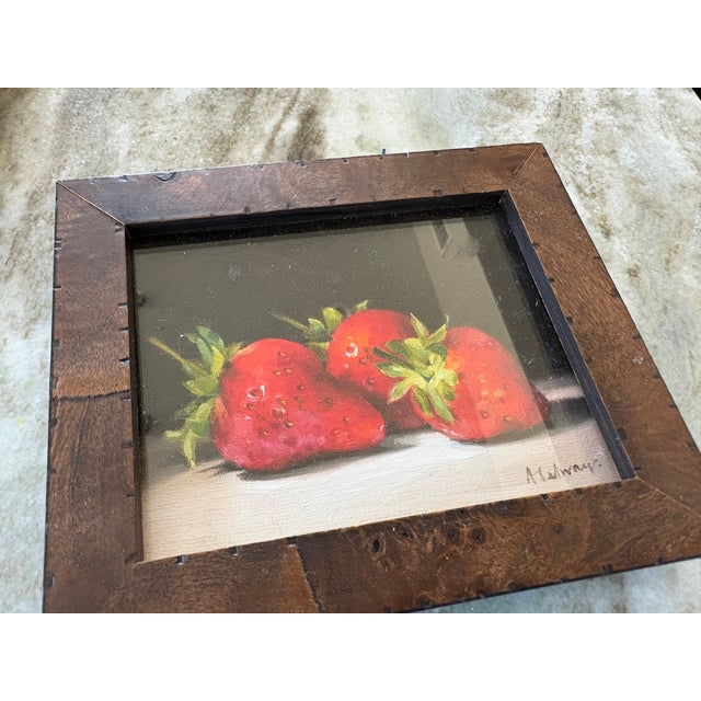 Wood Three Original Amanda Selway British Still Lifes of Cherries, Strawberries and Green Apple Fruits in Custom Burl Wood Finished Frames For Sale - Image 7 of 13