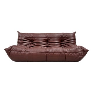 Mid-Century French Togo Sofa in Chestnut Brown Leather attributed to Michel Ducaroy for Ligne Roset For Sale