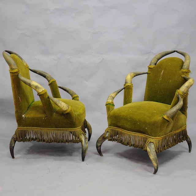 Pair of Antique Bull Horn Chairs Austria 1870 A pair antique bull horn chairs, from a noble villa in Austria. The seats...