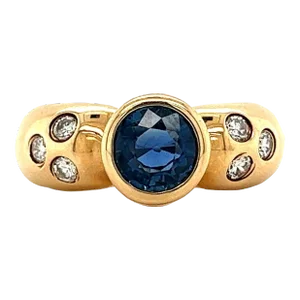 Bezel Set Blue Sapphire and Diamond Ring in 14k Yellow Gold, Size 6.75