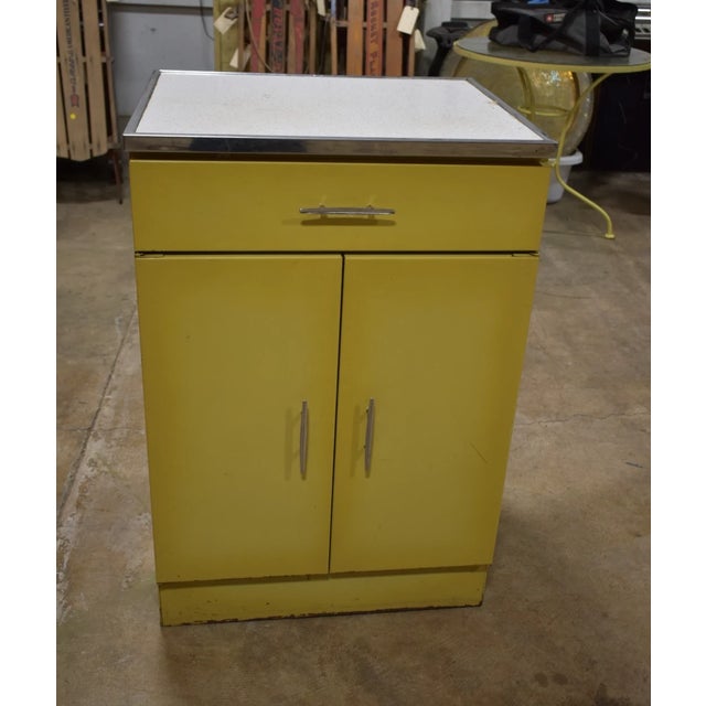 Mid-Century Modern Vintage 1950s Yellow Metal Kitchen Cabinet W/ Formica Top Mid-Century For Sale - Image 3 of 14