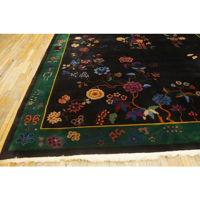 1920s Black Floral Modernist Antique Chinese Art Deco Rug 10' X 13' 6" Knotted Wool Carpet For Sale - Image 11 of 12