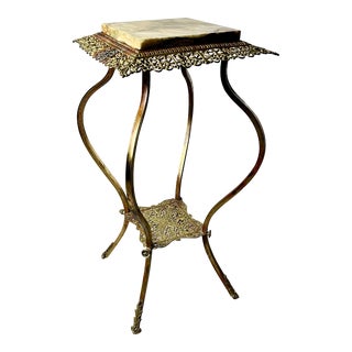 Vintage Victorian / Art Nouveau Style Brass & Onyx Marble Plant Stand For Sale