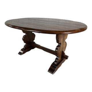 Vintage Tuscan Italian Trestle Oak Oval Top Dining Table For Sale