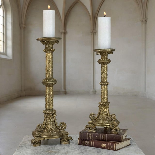 Set of Two 19th Century French Renaissance Gilt Bronze Candlesticks For Sale - Image 4 of 18