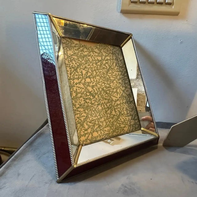 Two 1930s Art Deco Brass, Burgundy and Mirrored Glass Italian Picture Frames For Sale - Image 4 of 12