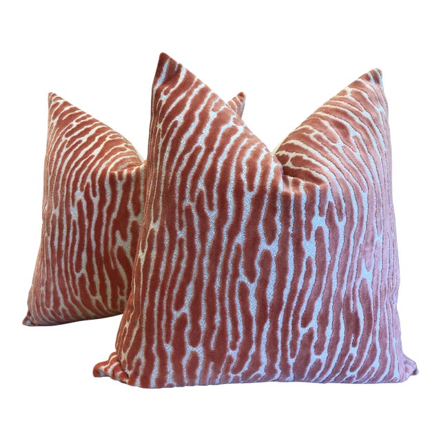 Raised Velvet Coral "Bedford Melon"-Pillows- a Pair For Sale