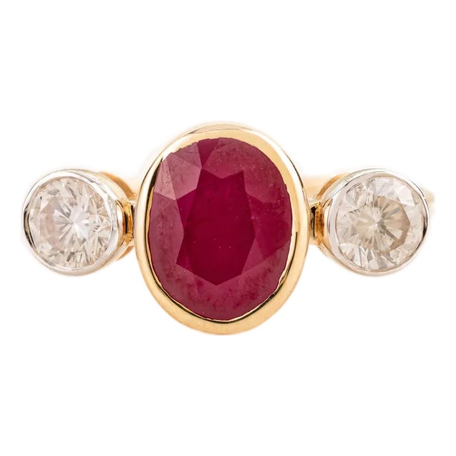 2.83 Ct Mozambique Oval Ruby & Diamond Three Stone Ring in 14k Yellow Gold Size 5 For Sale
