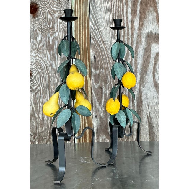 Vintage Boho Painted Metal Lemons and Pears Candlesticks - Set of 2 For Sale In West Palm - Image 6 of 8