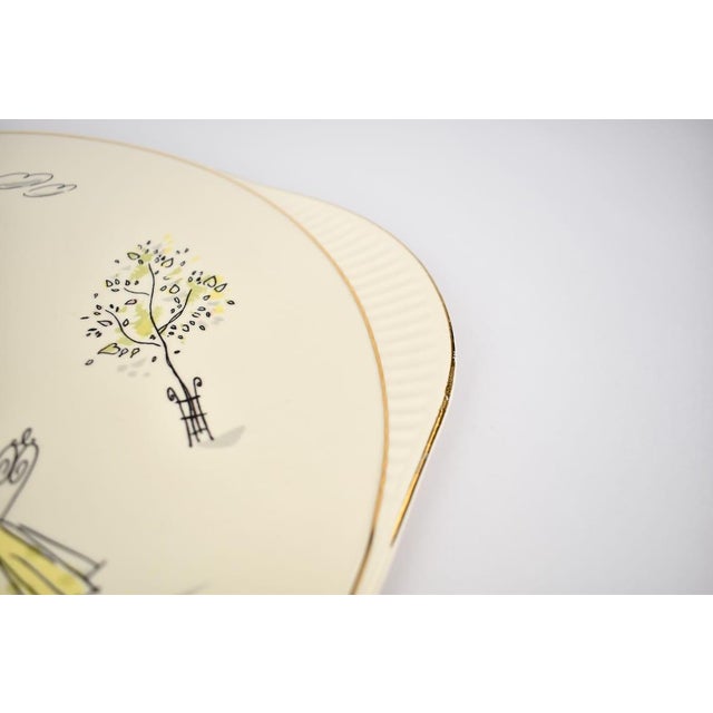 Mid-Century Modern Mid Century Grünstadt Germany Pottery Ceramic Cake Plate "Café de Paris" Vintage 1950s Platter Creme Off white Ivory Gold Rim | French For Sale - Image 3 of 12