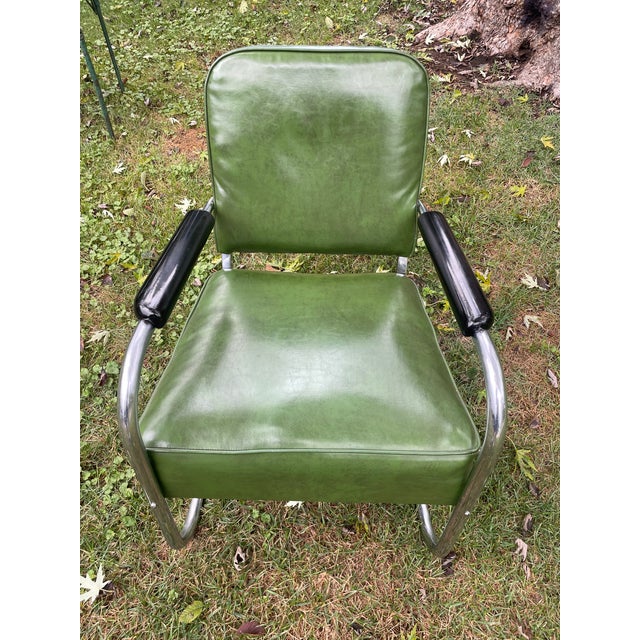 1930s Namco Art Deco Industrial Green Vinyl & Chrome Lounge Chair For Sale In Kansas City - Image 6 of 11