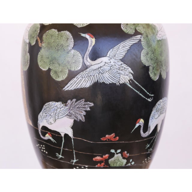 1970s Asian Chinoiserie Crane & Pine Trees Handpainted Matte Black Ceramic Ginger Jar Table Lamp For Sale - Image 18 of 18