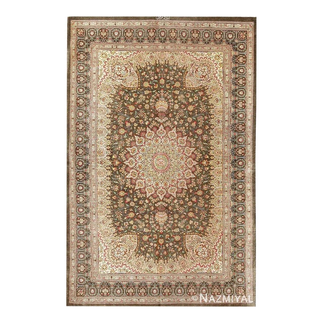 Nazmiyal Collection Floral Silk Vintage Persian Qum Rug For Sale