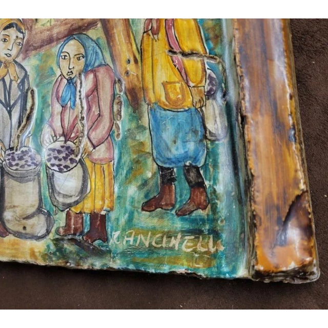 Deruta Vintage Italian Majolica Terracotta Deruta Drain Tile Women With Olives For Sale - Image 4 of 5