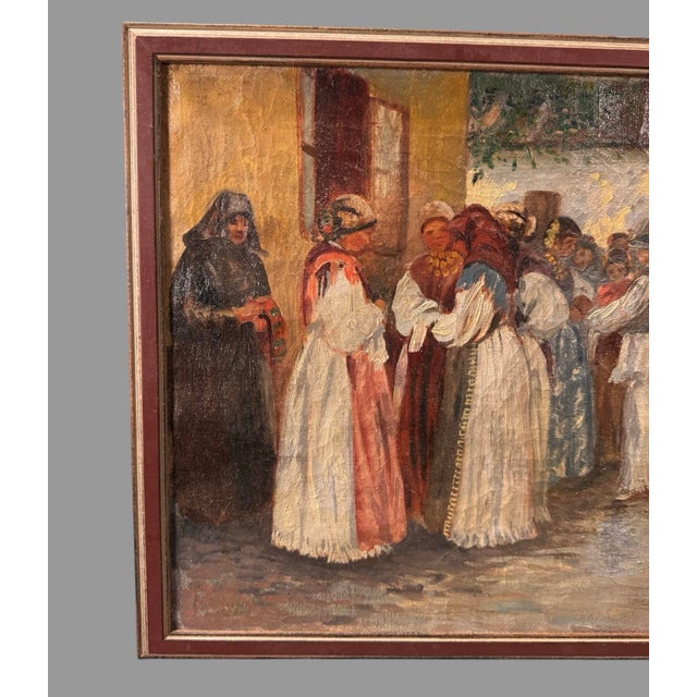 Vintage Artist Signed 1923 Landscape Street Scene People Oil Painting on Canvas, Framed For Sale - Image 4 of 7