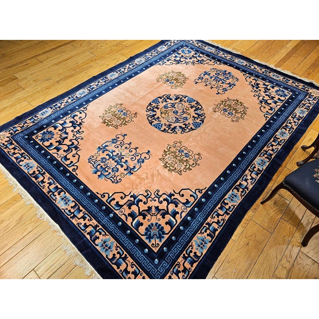 Chinese Early 20th Century Art Deco Chinese Rug, Handwoven Wool Pile, Apricot & Navy, Lotus Motif, 8' x 11' For Sale - Image 3 of 18