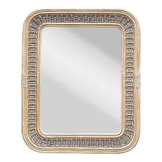 Large Vintage Coastal Organic Modern Wood, Wicker, Leather Mirror For Sale