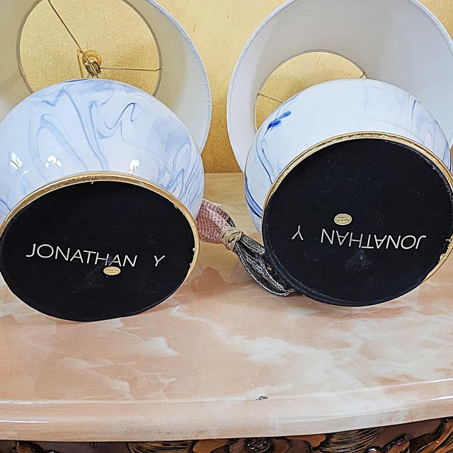 Pair of Jonathan Y Holly Marbleized Ceramic Table Lamps in Blue & White For Sale - Image 12 of 18