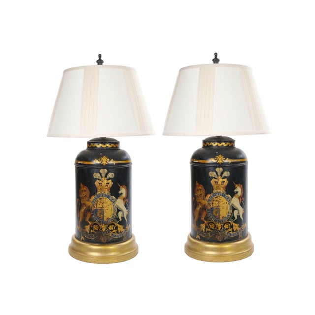 Pair of English Late 19th-Century Black Painted Tole Canister Table Lamps For Sale - Image 14 of 14