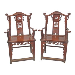 Antique Chinese Red Armchairs With Detailed Carving - a Pair For Sale