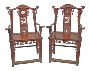 Antique Chinese Red Armchairs With Detailed Carving - a Pair
