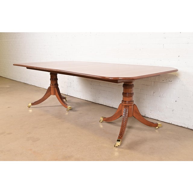 Baker Furniture Company Henkel Harris Style Georgian Solid Cherry Wood Double Pedestal Extension Dining Table, Newly Refinished For Sale - Image 4 of 13