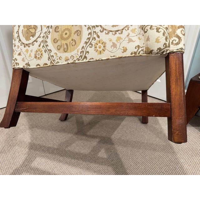 Vintage Custom Upholstered Wing Back Chair With Mahogany Base For Sale - Image 16 of 17