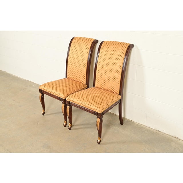 Baker Furniture Company Baker Furniture Style Regency Carved Mahogany and Gold Gilt Side Chairs or Dining Chairs, Pair For Sale - Image 4 of 13