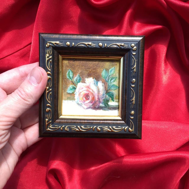 Set of 3 Miniature Rose Oil Paintings Vintage Frames Tiny Floral Wall Art Roses For Sale - Image 4 of 14