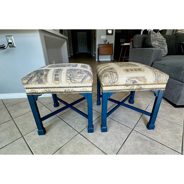 Pair Painted Chinese Chippendale Style Benches Chinoiserie Tapestry Upholstery For Sale - Image 17 of 18