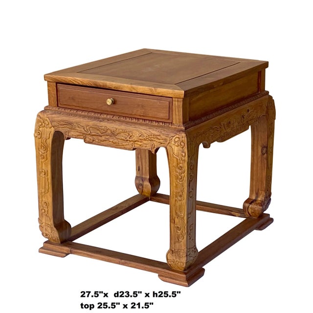 Chinese Oriental Solid Wood Phoenix Flower Motif Tea Side Table For Sale - Image 4 of 10