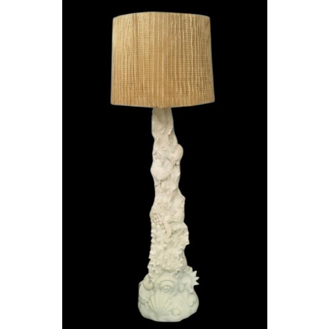 Coastal 1990s Coastal White Carved Coral Seaside Clamshell Tall Floor Lamp With Shade For Sale - Image 3 of 9