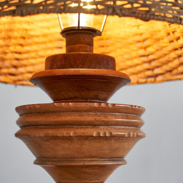 Wabi-Sabi Table Lamp in Turned and Carved Wood with Rattan Shade, 1920s For Sale - Image 10 of 12