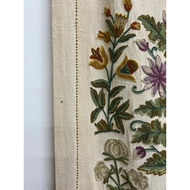 Vintage Hand-Embroidered Crewel Floral and Monk Scene Tapestry For Sale - Image 4 of 7