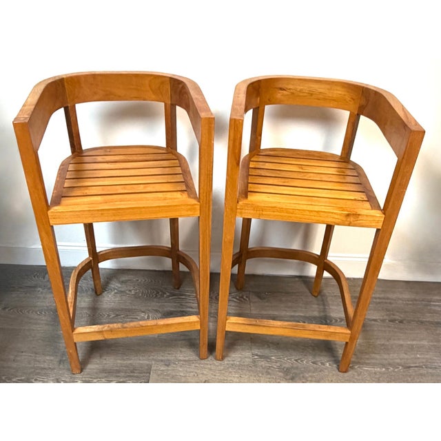 Brown Pair Architectural Solid Teak Bar Stools Attributed to Palecek, Organic Modern For Sale - Image 8 of 14