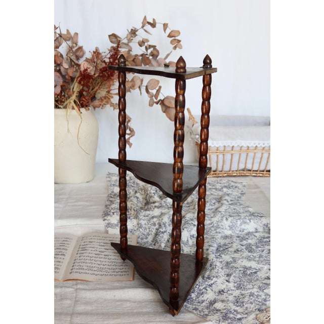 Rustic Vintage Triangular Turned Wood Wall Shelf, 1970s For Sale - Image 3 of 6