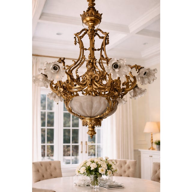 19th C French Louis XVI Gilt Bronze Milk Glass Chandelier For Sale - Image 6 of 16