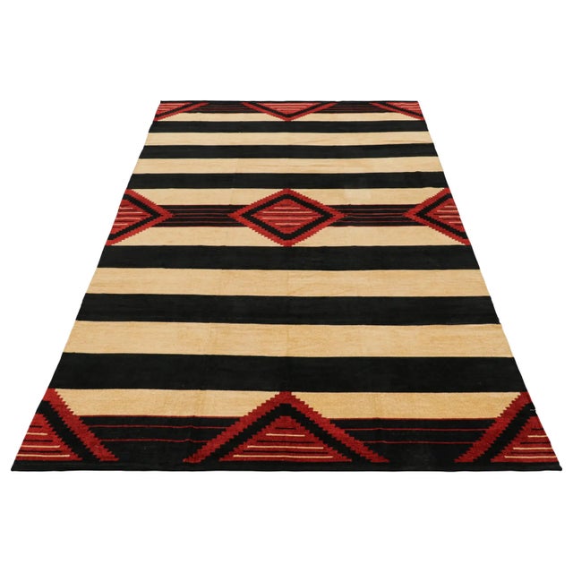 2010s Rug & Kilim’s Contemporary Dhurrie Rug in Black and Red Medallions and Stripes For Sale - Image 5 of 7