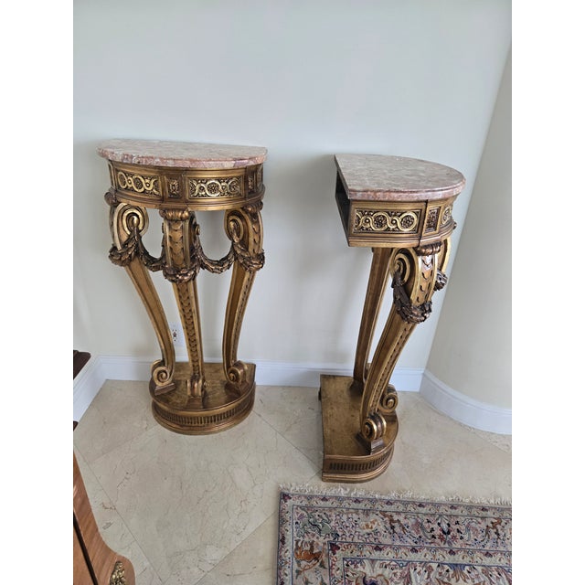 Pair of French Louis 16th Style Giltwood Rouge Marble Top Corner Tables - A Pair For Sale - Image 4 of 14
