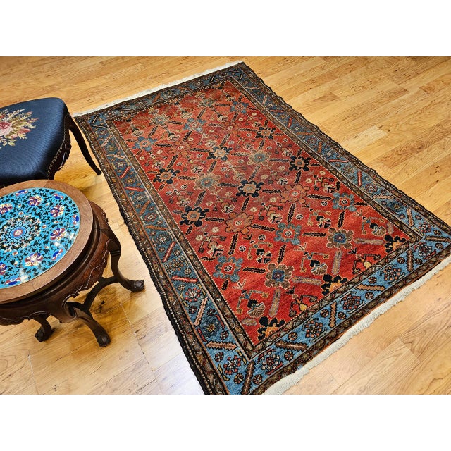 Vintage Persian Malayer Area Rug, Hand-Knotted Wool, Geometric Pattern, 4x6, Red & Blue For Sale - Image 4 of 14