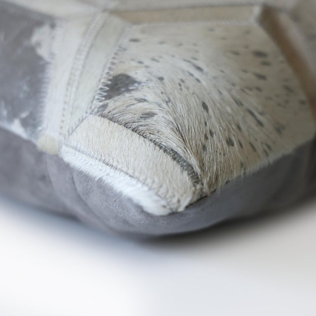 2020s Luxury Ivory & Silver Cowhide Leather Throw Pillow 16x24 | Handmade Geometric Designer Lumbar Cushion For Sale - Image 5 of 5