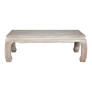 Teak Ming Style Whitewash Coffee Table with Chow Legs and Carved Apron For Sale